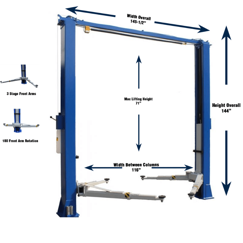 Ideal TP10KAC-DX 2 Post 10,000 lb 2 Post Lift Clear Floor - ALI Certified